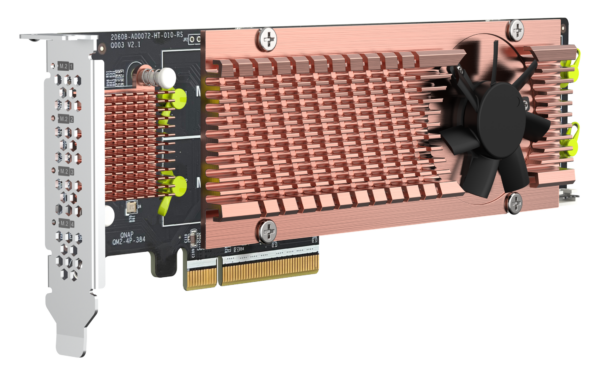 QNAP QM2-4P-384 Quad M.2 PCIe SSD expansion card; supports up to four M.2 2280 formfactor M.2 PCIe 5 QNAP QM2-4P-384 Quad M.2 PCIe SSD expansion card; supports up to four M.2 2280 formfactor M.2 PCIe