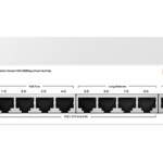 H3C Aolynk ES100-10G-HP, артикул 9801A8G6: официальный студийный кадр: коммутатор в три четверти спереди, фон прозрачный, на…