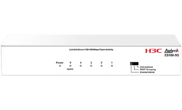 H3C Aolynk ES100-5G (9801A8G7) — официальный студийный кадр: коммутатор в три четверти спереди, на панели читается… H3C Aolynk ES100-5G, артикул 9801A8G7: официальный студийный кадр: коммутатор в три четверти спереди, на панели читается…