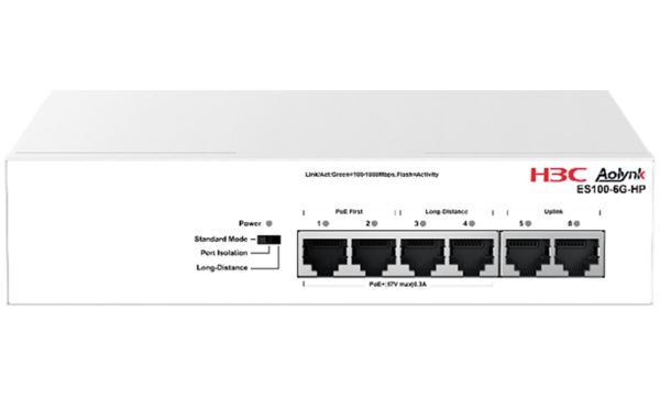 H3C Aolynk ES100-6G-HP (9801A8G8) — официальный студийный кадр: коммутатор в три четверти спереди, на панели читается… H3C Aolynk ES100-6G-HP, артикул 9801A8G8: официальный студийный кадр: коммутатор в три четверти спереди, на панели читается…