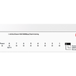 H3C Aolynk ES100-8G, артикул 9801A8G9: официальный студийный кадр: коммутатор в три четверти спереди, на панели читается…