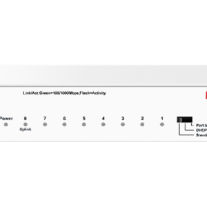 H3C Aolynk ES100-8G, артикул 9801A8G9: официальный студийный кадр: коммутатор в три четверти спереди, на панели читается…