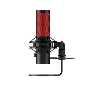 HyperX QuadCast 2 USB microphone, side view with the USB-C cable connected