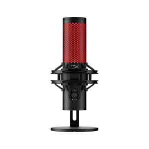 HyperX QuadCast 2 USB microphone, black, front view with red HyperX lighting