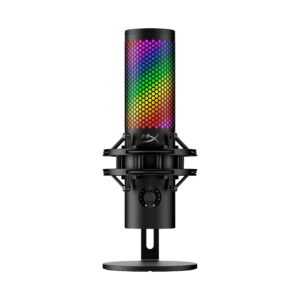 HyperX QuadCast 2 S USB microphone, black, front view with multicolour RGB lighting