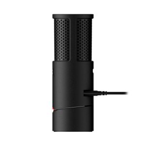 HyperX SoloCast 2 USB microphone, side view with the USB-C cable connected