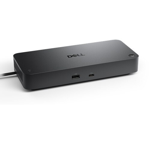 Dell 210-BRFL Pro Thunderbolt 4 Smart Dock SD25TB4, артикул 210-BRFL: док сверху-сбоку на белом, спереди видны USB-A и USB-C, логотип Dell на крышке