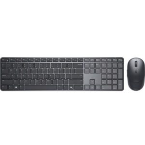 Dell 580-BDLC Pro 7 Slim Keyboard and Mouse KM726, артикул 580-BDLC: полноразмерная тонкая клавиатура и мышь, тёмно-серые, белый фон
