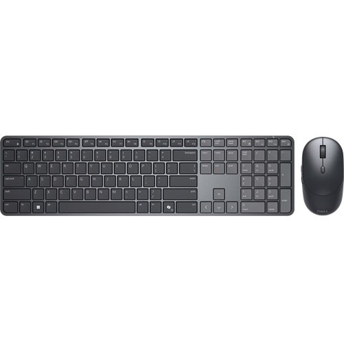 Dell 580-BDLC Pro 7 Slim Keyboard and Mouse KM726, артикул 580-BDLC: полноразмерная тонкая клавиатура и мышь, тёмно-серые, белый фон